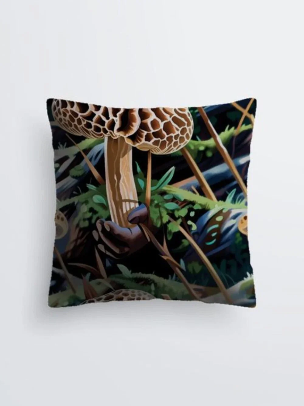 Foraging Morel Mushrooms in the Forest | Nature Art Print Gustave Cushion Cover